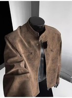 Blouson motard vintage en daim délavé à col montant et fermeture éclair pour homme, style moto gris foncé vieilli