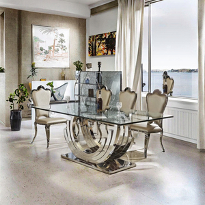 Set <span class=keywords><strong>Tavolo</strong></span> da Pranzo e Sedie <span class=keywords><strong>in</strong></span> <span class=keywords><strong>Vetro</strong></span> Temperato per <span class=keywords><strong>Cucina</strong></span> Stile Moderno di Lusso Rettangolare <span class=keywords><strong>in</strong></span> Acciaio Inox per Ristorante e Banchetti di Nozze - Product Image 1