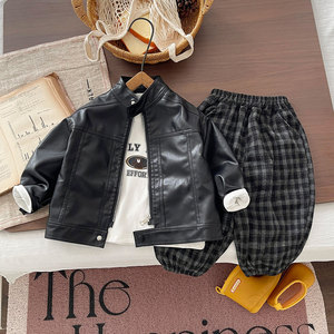 Ensemble de vêtements pour garçon automne 2026, 3 pièces, veste noire + <span class=keywords><strong>sweat</strong></span>-shirt imprimé + pantalon à carreaux, ensemble de vêtements tendance - Product Image 1