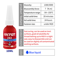 LOCTITE 243 10ml Adhésif anaérobie acrylique bleu à force moyenne, Colle pour vis, Résistant à l'huile, Agent de blocage de filetage