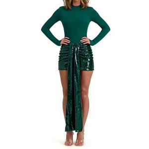 Women's 2 Piece <b>Sequin</b> Mini Dress Set Long Sleeve Turtleneck <b>Top</b> & Ruched <b>Sequin</b> Skirt With Draped Sash Sets Fashion - Product Image 2