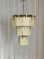 Lustre moderne à 3 niveaux en faux albâtre, en laiton doré, pour salon, hôtel, villa
