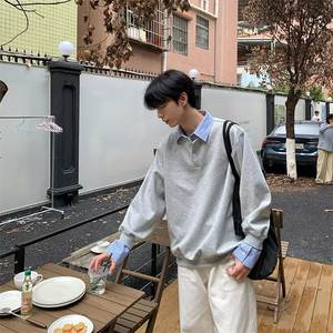 Sweat-shirt à col rabattu décontracté en laine à blocs de couleur à deux pièces factices pour homme et femme, manches longues, hiver, ample, couple - Product Image 1