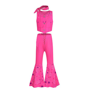 Disfraz de Vaquera Rosa para Niñas, Chaleco sin Mangas, Pantalones Acampanados <span class=keywords><strong>con</strong></span> Estampado de Estrellas, Conjunto <span class=keywords><strong>con</strong></span> Pañuelo y Bolso, Disfraz de Halloween Estilo Disco de los 70 - Product Image 3