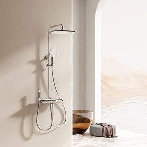R&T S20 - Barra Deslizante de Pared para Ducha Cromada con Teclado Tipo Piano, Cuatro Salidas de Agua y Mesa de Almacenamiento de Vidrio Templado - Product Image 1