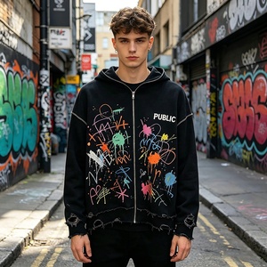 Sweat-shirts à capuche personnalisés OEM de haute qualité avec broderie plate et fils contrastants, style graffiti vieilli, fermeture éclair intégrale pour hommes – Collection Automne - Product Image 3