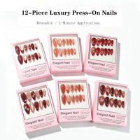 Lot de 12 faux ongles œil de chat rouges, vente en gros, ongles à presser en acrylique doré 3D, taille moyenne, couverture complète avec colle