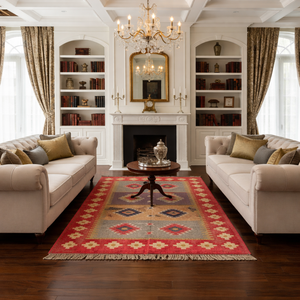 Alfombra Tradicional Kilim Dhurrie Hecha a Mano, Tejido Plano de Lana/Seda, Patrón Geométrico, Ecológica, Apta para Mascotas, para Sala de Estar o Dormitorio - Product Image 2