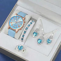 NYY Damen 5-teiliges Uhren-Schmuck-Set Blaues Herz CZ Anhänger Halskette Ohrringe Armband Ring Leder-Armbanduhr Geschenkset