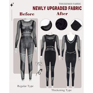 VOIKERDR ผู้หญิงสีดำบอดี้คอนจั๊มสูทตาข่ายฮอลโลว์เอาท์วันพีซเซ็กซี่ชุดรอมเปอร์ปาร์ตี้แขนยาว - Product Image 6