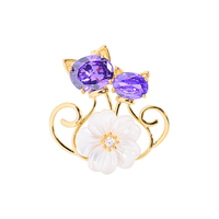 Broche Chat en Zircon Violet 2026 Recommandée, Plaqué Laiton, Motif Fleur Coquillage, Épingle en Alliage de Cuivre, Bijou pour Costume et Manteau, Accessoire Cadeau