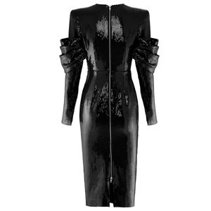 Vendita calda Rotonda collo manica lunga strutturato spalla vestito di lustrini posteriore con zip elegante <span class=keywords><strong>Drappeggiato</strong></span> dettagli vestiti da partito <span class=keywords><strong>midi</strong></span> YLDR002ZC - Product Image 4