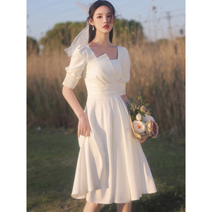 Vestido blanco para registro de matrimonio, mujeres de estatura pequeña, ceremonia de compromiso, vestido de novia, elegante vestido blanco para verano. - Product Image 3