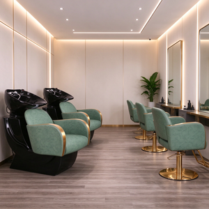 Sillón de peluquería y silla de corte de pelo, conjunto verde de PU con marco dorado, sillón de lavado de cabello para barbería, silla de estilismo para peluquería - Product Image 2