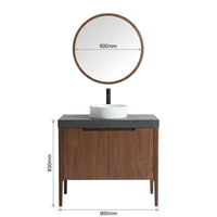 Miroir de salle de bain Turio Roma au design moderne, meubles de salle de bain avec comptoir en travertin, armoire en contreplaqué à grain de bois naturel, panneau en mélamine