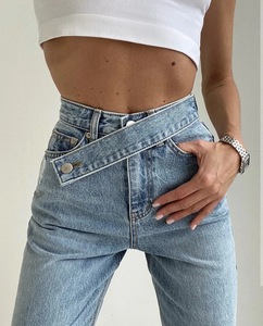 Pantalones Rectos de Moda Vintage Azul Grisáceo, <span class=keywords><strong>Ropa</strong></span> de Cintura Alta, Jeans de Pierna Ancha para Mujer con Cinturón Oblicuo - Product Image 1
