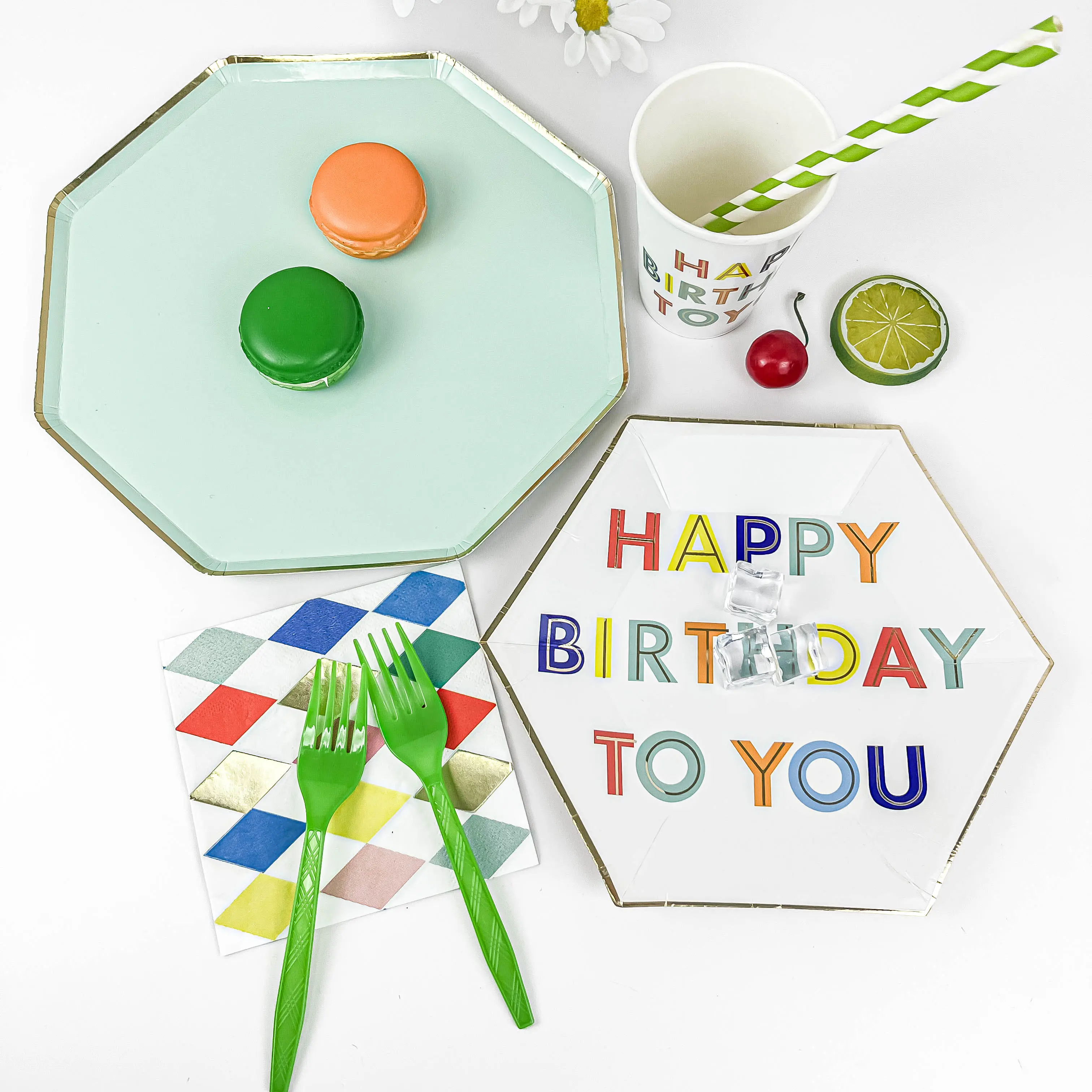 Service de vaisselle jetable personnalisé assiettes à dessert en papier à motif cercle JOYEUX ANNIVERSAIRE tasses serviettes en paille pour les fêtes