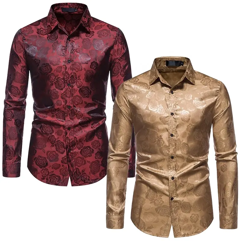 Camisas ajustadas para hombre Blusa con patrón de rosa dorada Tops con estampado de Cachemira Trajes de fiesta de graduación Ropa Hipster Camisa de vestir ajustada