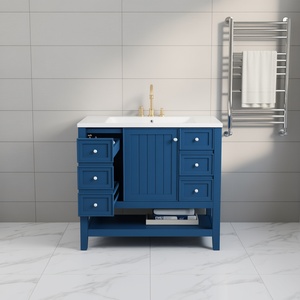 Meuble de salle de bain Db 36 en bois massif avec lavabo en céramique, un placard, trois tiroirs, style traditionnel, finition peinte en bleu - Product Image 2