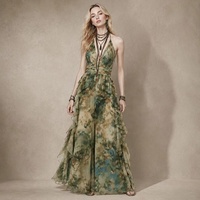 Robe longue vintage tie-dye sur mesure 2026 pour femme, style plage, avec bretelles halter et bords volantés, idéale pour l'été