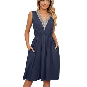 <span class=keywords><strong>2023</strong></span> stile europeo-americano <span class=keywords><strong>primavera</strong></span> ed estate tinta unita scollo a v pizzo tinta unita tasca senza maniche vestito da donna sexy - Product Image 4