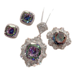 Juego de Joyería Floral de Cobre de Moda, 9 Piezas, 14*14-12*12mm, Circonita Cúbica con Corte Nido de Pájaro, Collar, Aretes y Anillo para Boda - Product Image 6
