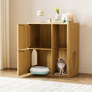 Mueble para arena de gatos de madera clara de 31.5 pulgadas con árbol para gatos, puertas dobles y almacenamiento - Product Image 3