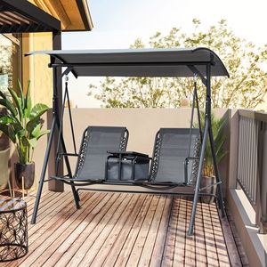 Fauteuil balançoire de patio 2 places avec auvent réglable, table de rangement, porte-gobelet, cadre métallique, coussin imperméable - Product Image 3