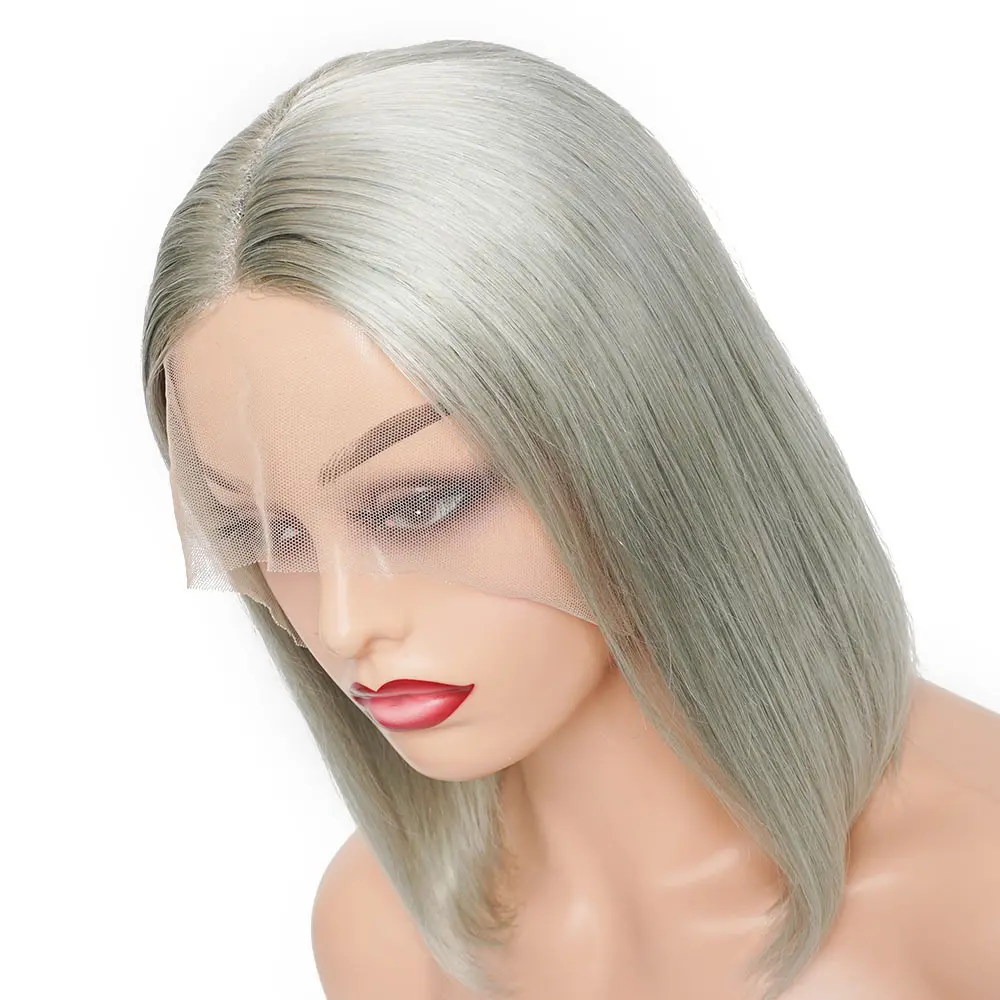 Remy Gray Straight Brazilian Human Hair 13x1 HD Lace Front Wigs Pre Plucked Silver Ombre Grey Short BoBo Can Part Anywhere Wigs
