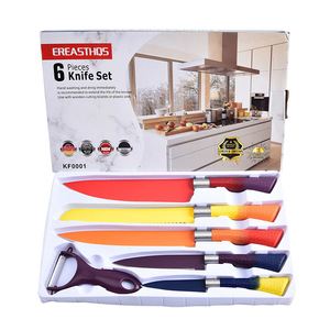 Ensemble de 6 couteaux de cuisine antiadhésifs colorés, lames en acier inoxydable, manche antidérapant en PP, avec éplucheur, boîte colorée pour la vente en supermarché - Product Image 3