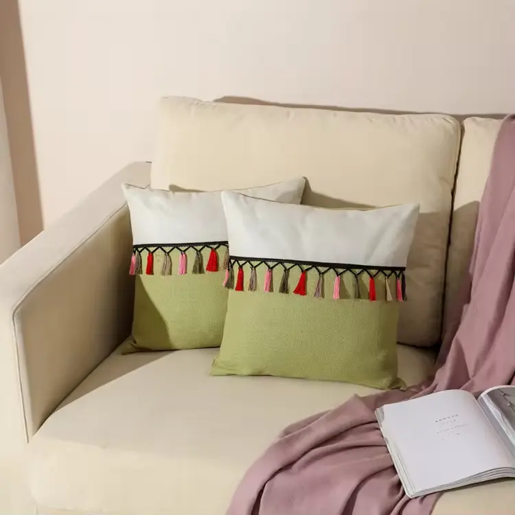 Throw Pillow Cover with Tassels, Velvet Decorative Pillowcase for Sofa, Modern Cushion Cover for Bedroom Living Room C