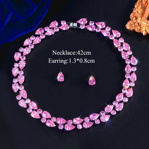 Magnifique collier et boucles <span class=keywords><strong>d</strong></span>'oreilles pendantes en rhodium plaqué avec zircon cubique rose pour femmes, bijoux de costume pour mariées - Product Image 6