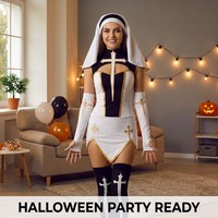 Ensemble de costume de nonne sexy pour Halloween pour femmes adultes, robe courte à col haut avec découpe en croix, voile et gants sans doigts
