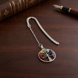 <b>Silver</b> Plated Tree of Life Charm <b>Bookmark</b> Bezel Set Rainbow Stone Pendant Chain Link Vintage Jewelry Gift - Product Image 1