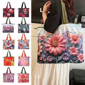 Bolsa de Compras Reutilizable, Plegable, Impermeable, de Poliéster, Colorida, con Diseño de Flores Impresas Personalizadas, Ecológica, para Supermercado, 2026 - Product Image 4