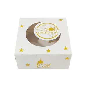 ईद मुबारक त्योहार केक कैंडी बॉक्स कंटेनर 4 छेद स्पष्ट खिड़की के साथ कागज उपहार कप केक के लिए आयत बक्से पैकेजिंग