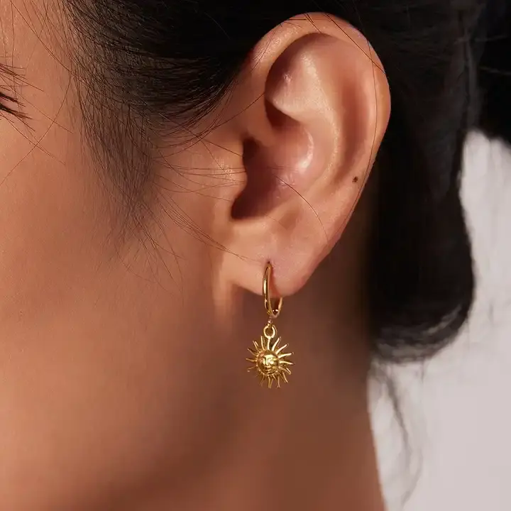 Hypoallergenic 18K Gold Plated Stainless Steel Classic Sun Shape Pendant Hoop Earrings Waterproof Dainty Jewelry