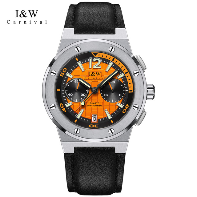 I&W Carnival Brand Direct Supply Casual Style Leather Glass Business Sport Men's Quartz Seiko VK64 Movement Water Resistant 20mm