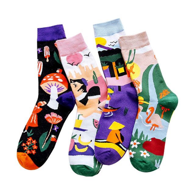 Fashion Colorful Print Socks Women Cartoon Spring  Cotton Socks