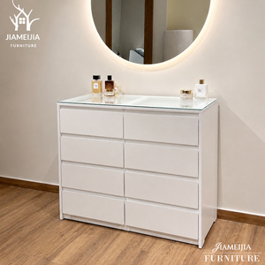 Coiffeuse blanche laquée à <span class=keywords><strong>8</strong></span> <span class=keywords><strong>tiroirs</strong></span> pour maquillage avec tabouret dissimulé intégré, plateau en verre, mobilier de chambre OEM - Product Image 2