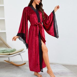 Jubah mandi beludru panjang wanita, pakaian tidur nyaman lembut dengan lengan panjang dan sabuk seksi untuk pengantin warna polos - Product Image 3