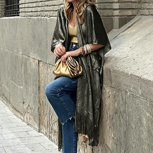 Women's Collarless Loose Long Mesh Cover up Shawl Fringe <b>Edge</b> Beach <b>Cardigan</b> Lightweight Open Front Vacation Outerwear - Product Image 4