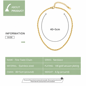 Collier chaîne torsadée fine en acier inoxydable plaqué or 14 carats sous vide, réglable 40+5 cm, sans pendentif - Product Image 2