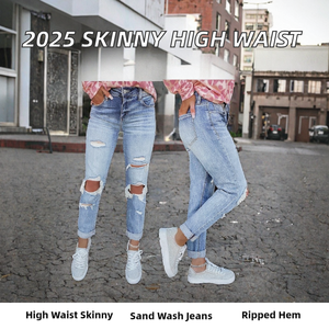 Jeans de mezclilla ajustados para mujer 2025 - Cintura alta, transpirables, con lavado arena, detalles desgastados y deshilachados, estilo europeo de calle. - Product Image 2