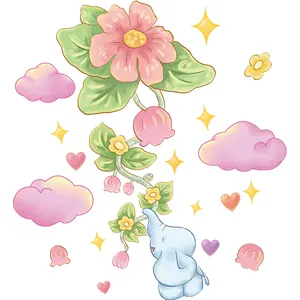 Cartoon Elephant Flowers und Vine Clouds Wandt attoos für Hintergrund wand dekoration von Kinderzimmer und Kinderzimmer