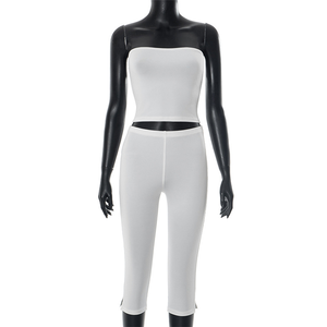 Weißes 2-teiliges Set für Damen, Sommer-Outfits, Stretch-Tube-Top und Caprihose, Leggings, passende Sets - Product Image 4