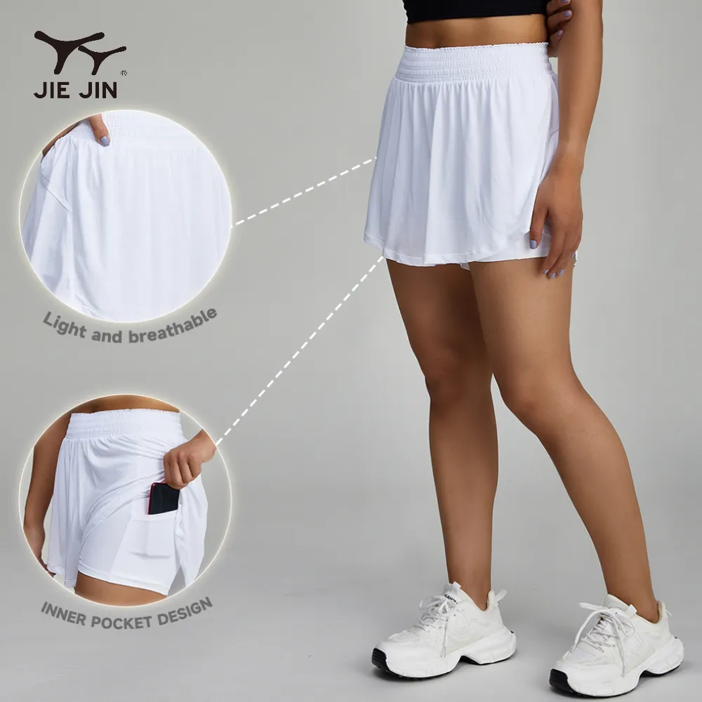 جيجين تصميم موضة تنورة رياضية بيضاء تحكم في البطن تنورات يوجا تنس مع جيب