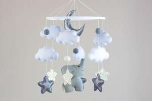 Cadeau de baby shower étoiles et <span class=keywords><strong>nuage</strong></span> <span class=keywords><strong>gris</strong></span> animal feutre éléphant décor mural de pépinière musical bébé berceau mobile pour bébé - Product Image 6