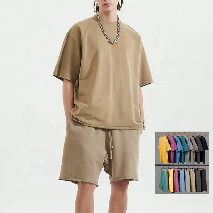 2021 Plain wholesale t shirts short set sweat 2 piece set mens t shirt and shorts sets washed oversize 100% cotton men tshirt