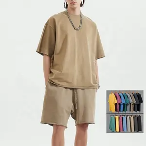 2023 Plain wholesale t shirts short set sweat 2 piece set mens t shirt and shorts sets washed oversize 100% cotton men tshirt